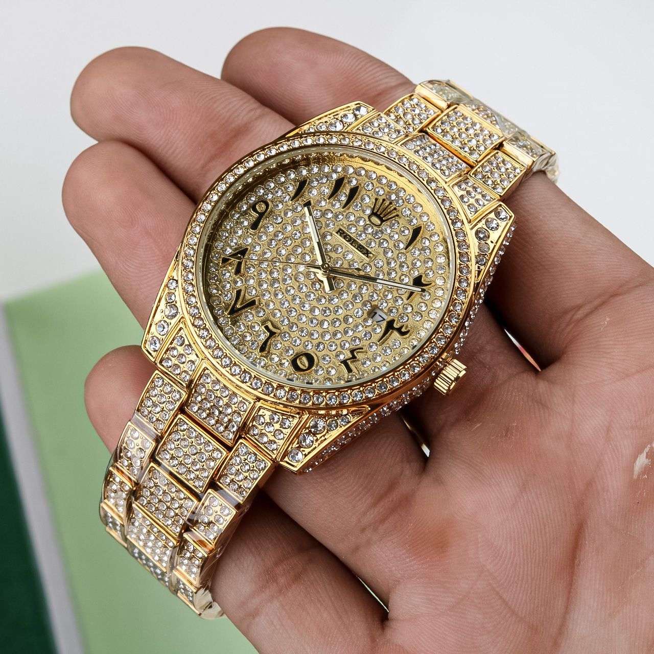 Rolex Arabic Number Gold Dial Diamond Men's Analog Watch