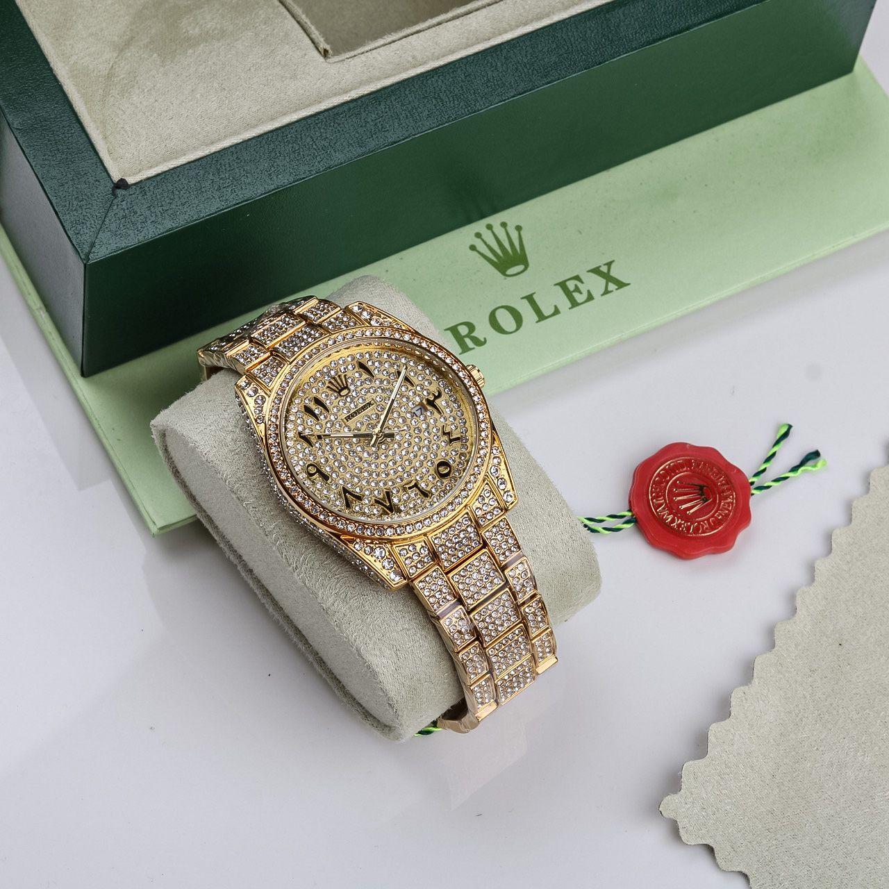 Rolex Arabic Number Gold Dial Diamond Men's Analog Watch