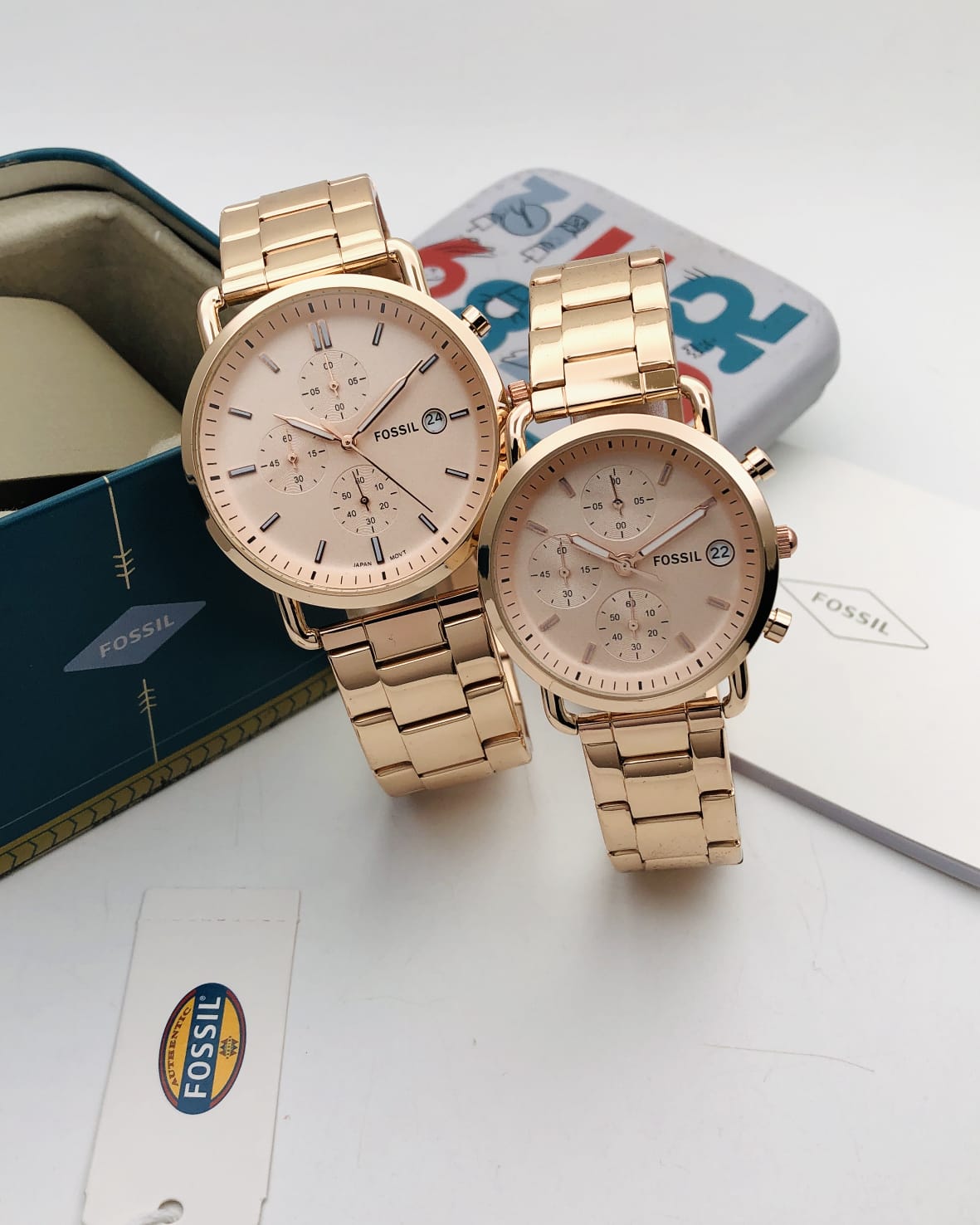 Fossil rose gold chain couple watches