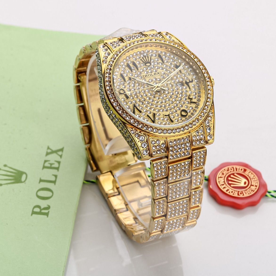 Rolex Arabic Number Gold Dial Diamond Men's Analog Watch