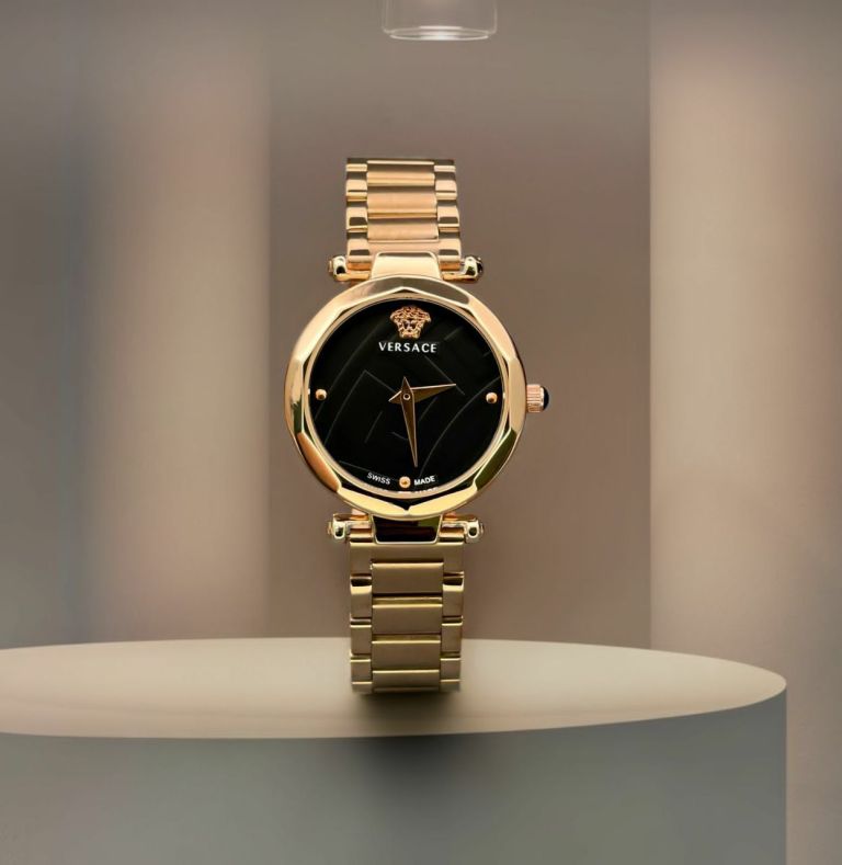 versace gold chain black dial ladies watch