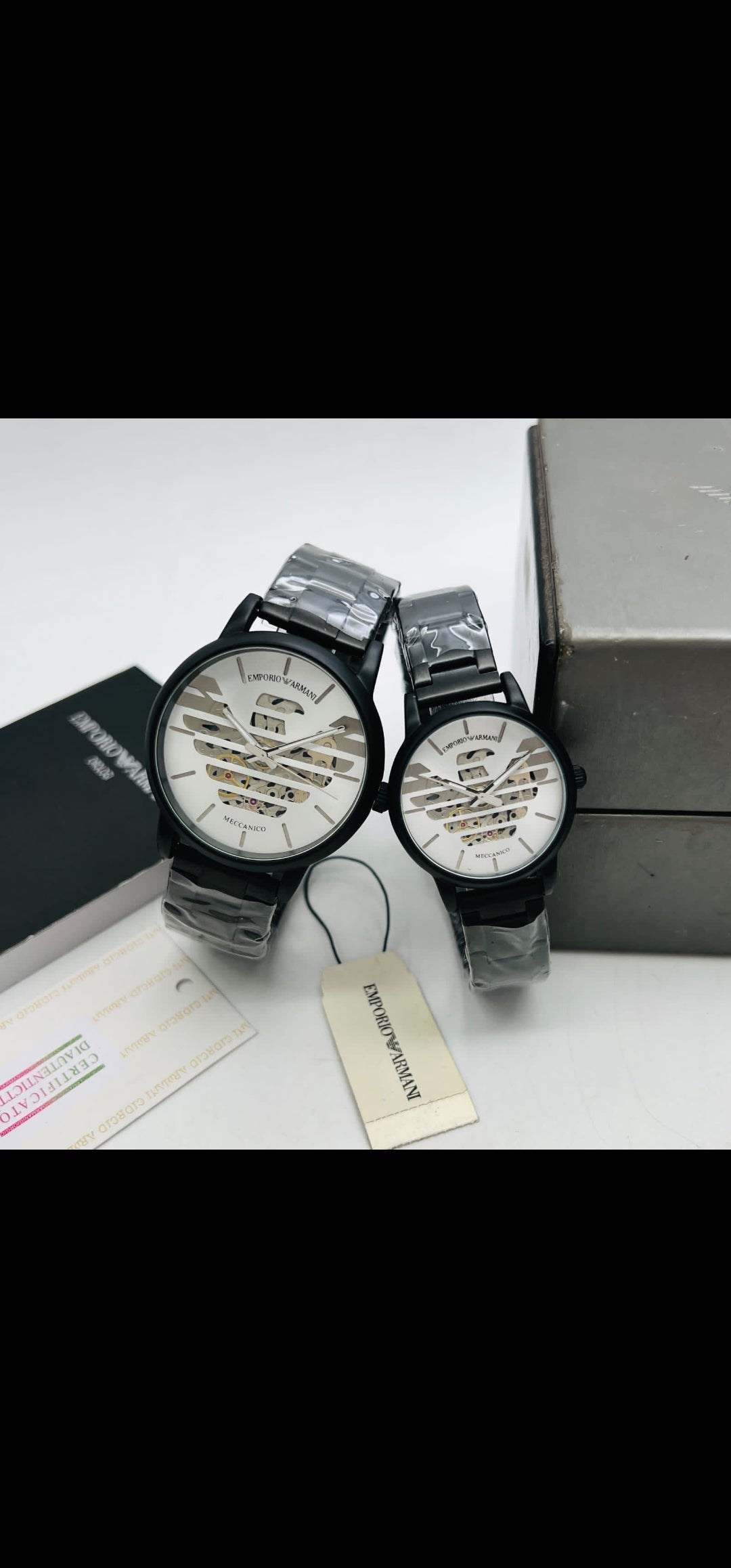 Armani white dial black chain couple watches