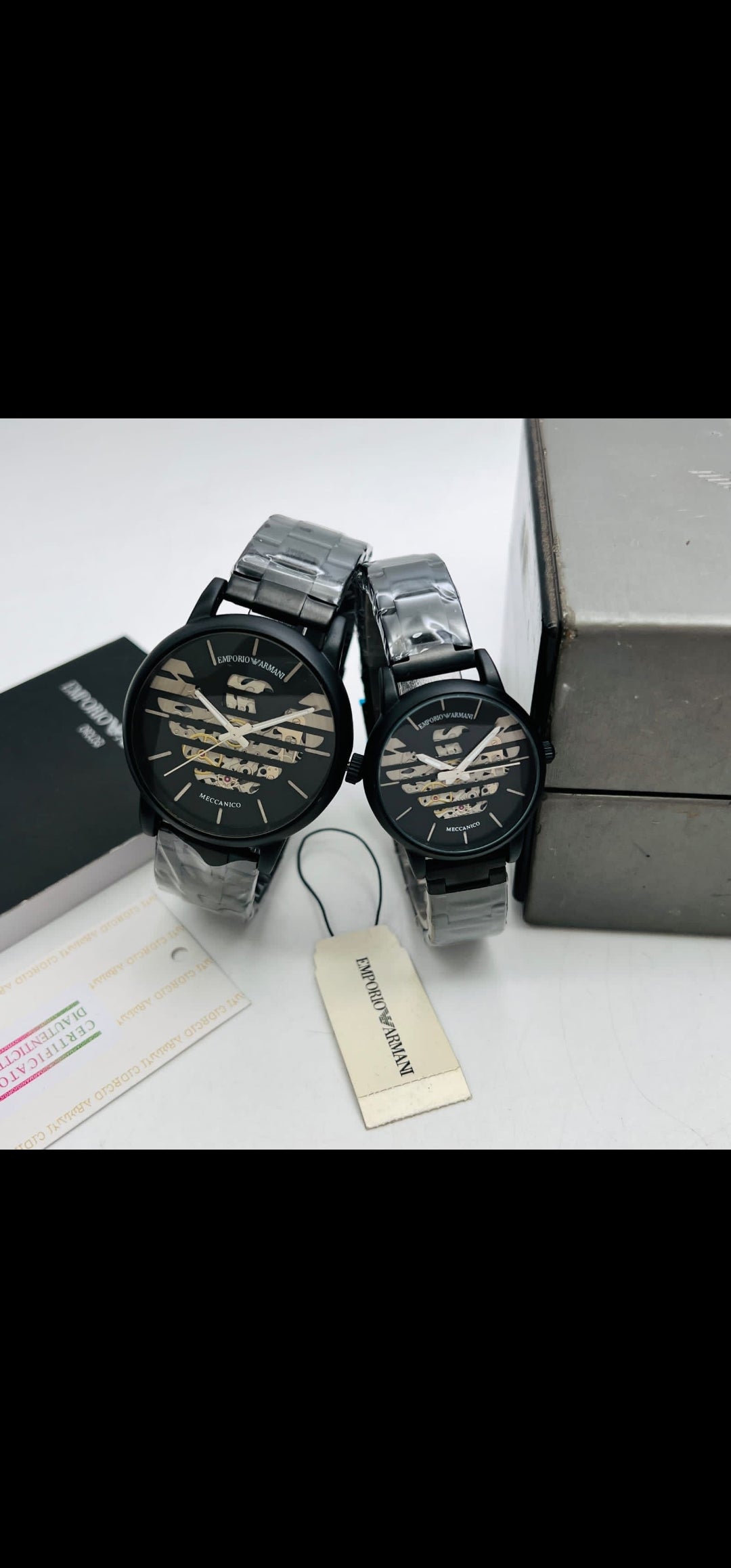 Armani full black couple watches