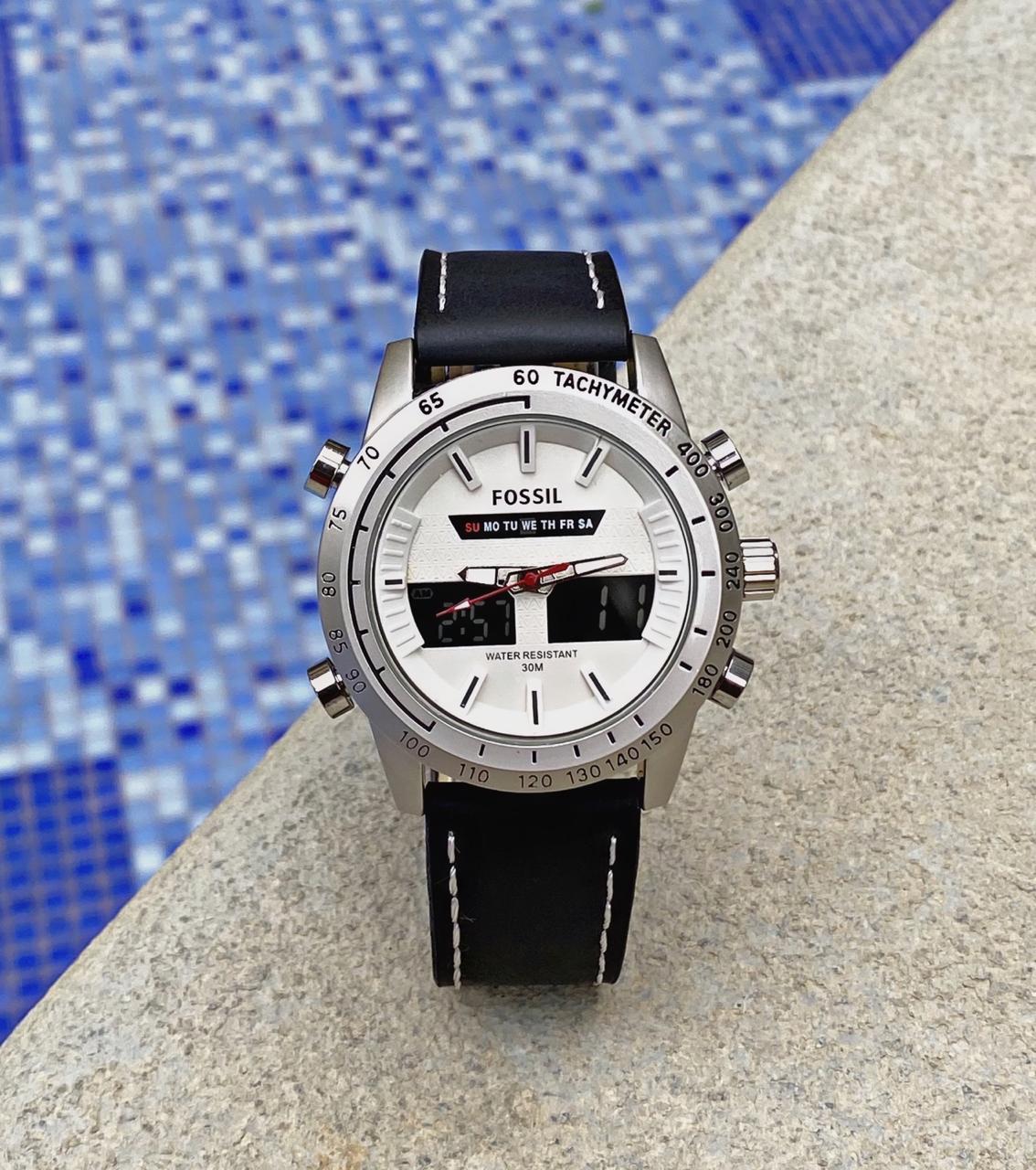 Fossil Digital Analog White dial Black belt men's Analog Watch